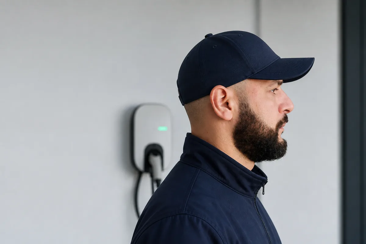 Votre interlocuteur BORNE IRVE, photographié de profil avec une casquette